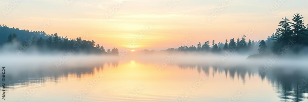 Obraz premium Watercolor painting of a serene lake at dawn with misty water and trees, calming atmosphere, water lilies