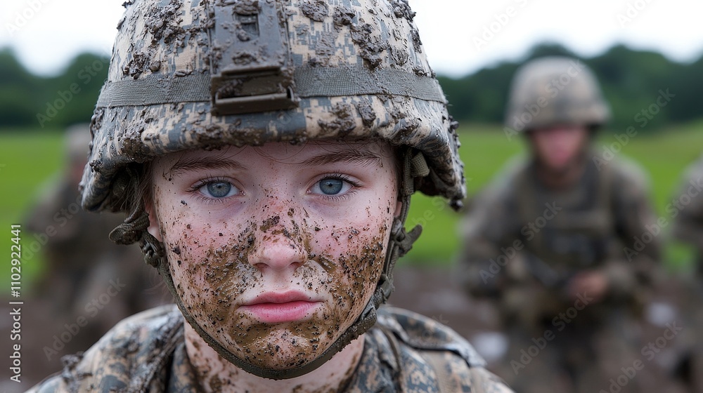 Mud Covered Female Soldier Intense Warfare Military Training Close up Portrait Mud Covered Female Soldier Intense Warfare Military Training Close up Portrait