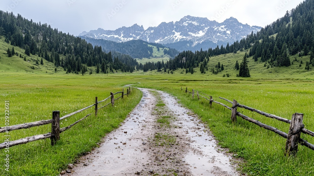 Scenic Mountain Sunrise Rural Dirt Road Green Meadow Wooden Fence Scenic Mountain Sunrise Rural Dirt Road Green Meadow Wooden Fence