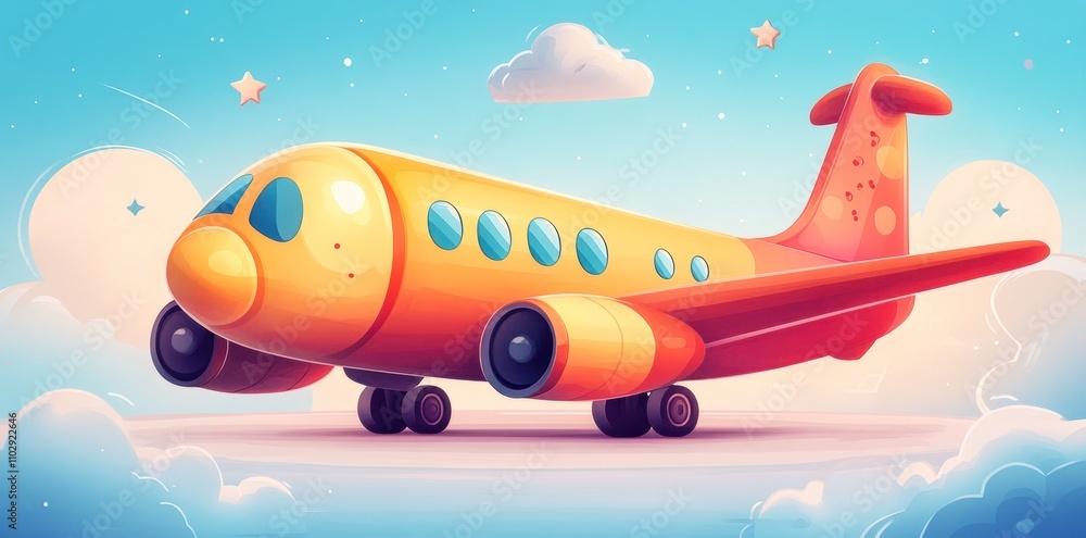 Naklejka premium Cartoon Airplane Soaring Above Fluffy Clouds and Stars