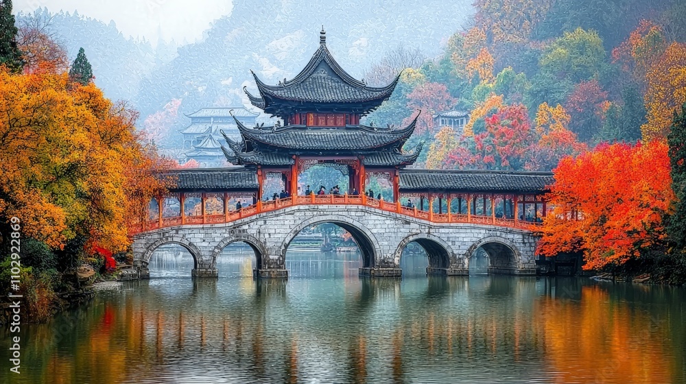 Obraz premium Golden Hour at Dujiangyan with Crisp Autumn Colors and River Reflection