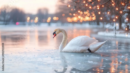 Fototapeta Naklejka Na Ścianę i Meble -  Elegant swan gliding across a frozen lake, glittering ice, and glowing trees reflecting the festive spirit