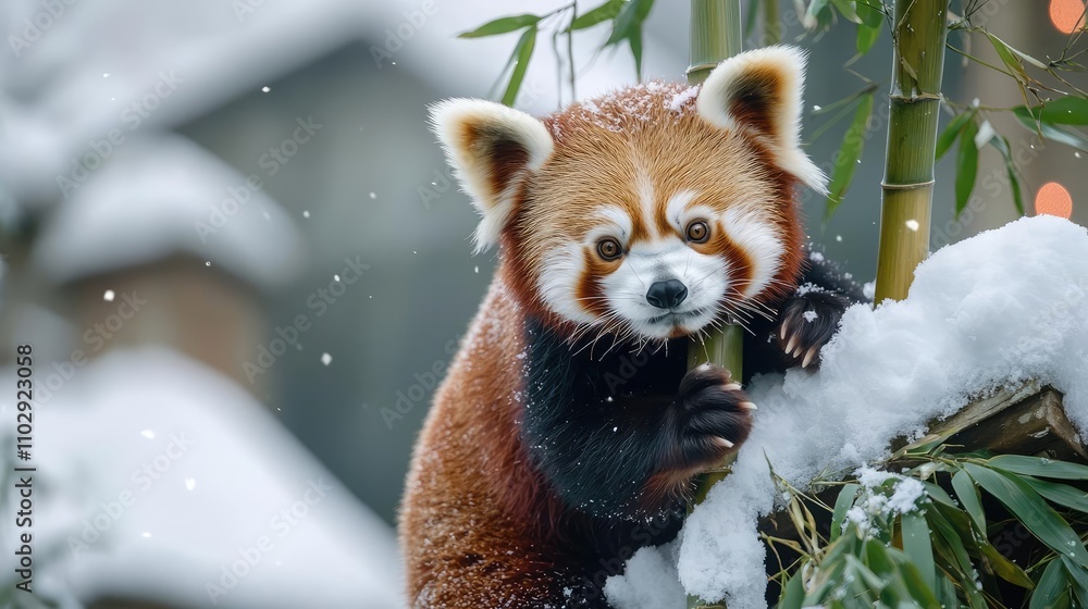 Playful red pandas climbing snow-covered bamboo trees, their soft fur glowing against the festive winter backdrop Playful red pandas climbing snow-covered bamboo trees, their soft fur glowing against the festive winter backdrop