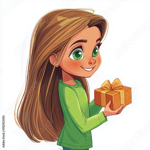 Little girl standing with a gift box on white background illustration