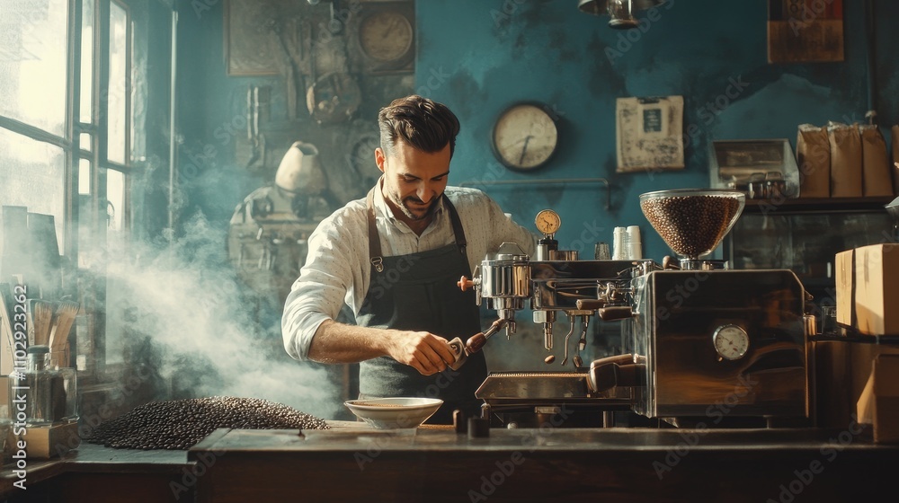 A happy barista is working with a coffee roaster. A happy barista is working with a coffee roaster.