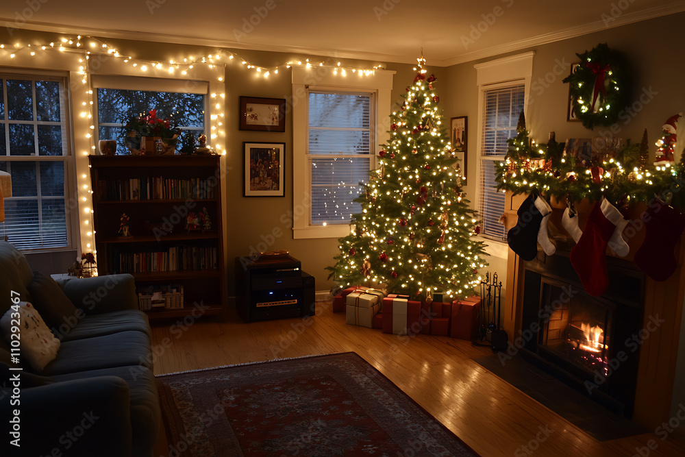 A cozy Christmas living room with a decorated tree, twinkling lights, and a glowing fireplace, creating a warm holiday atmosphere A cozy Christmas living room with a decorated tree, twinkling lights, and a glowing fireplace, creating a warm holiday atmosphere