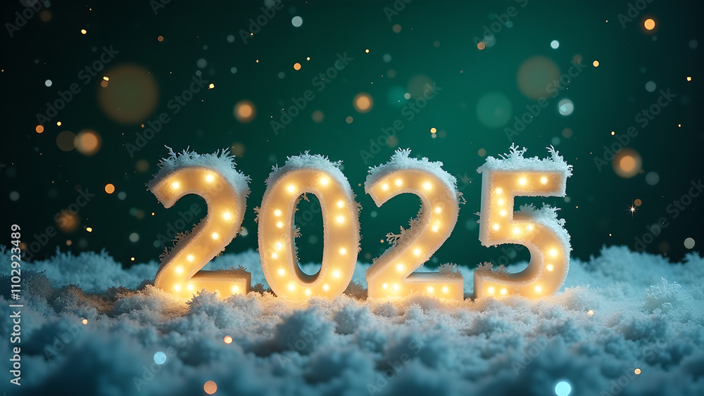 2025 New Year celebration with snow and lights. Concept of winter holidays and new beginnings. 2025 New Year celebration with snow and lights. Concept of winter holidays and new beginnings.