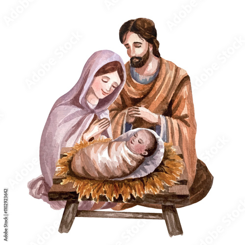 Vector freehand Christmas scene is an artistic watercolor depiction of the Nativity of Christ, including Mary, Joseph, baby Jesus isolated on a white background. Hand drawn watercolour card