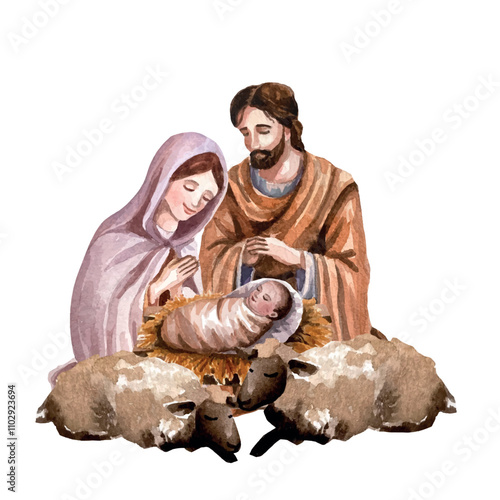 Vector freehand Christmas scene is an artistic watercolor depiction of the Nativity of Christ, including Mary, Joseph, baby Jesus isolated on a white background. Hand drawn watercolour card