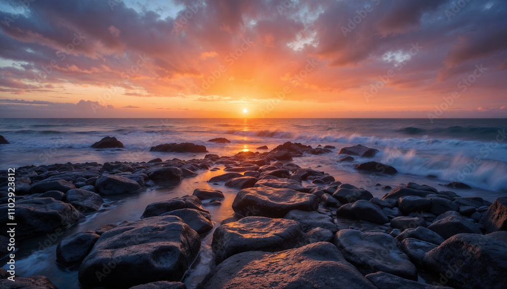 Sunset over rocky shoreline with waves crashing against the rocks Sunset over rocky shoreline with waves crashing against the rocks