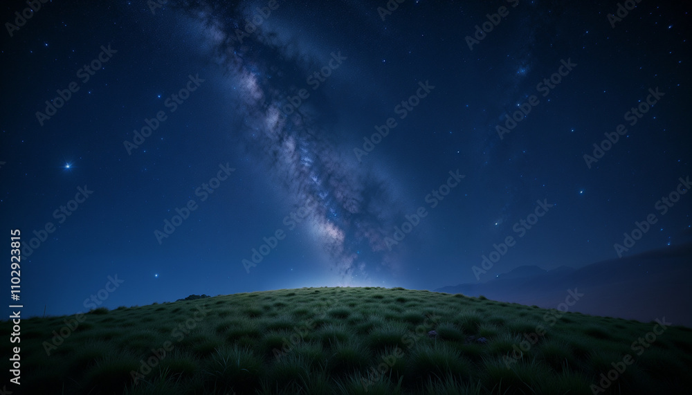 Starry night sky over a grassy hill with the Milky Way visible Stock ...