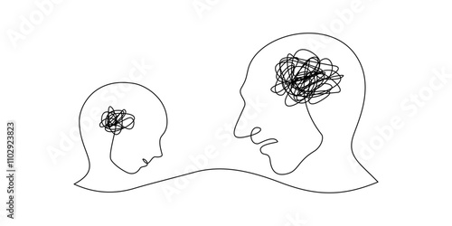 Continuous line art of angry father and son in mental health concept, editable stroke.