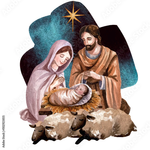 Vector freehand Christmas scene is an artistic watercolor depiction of the Nativity of Christ, including Mary, Joseph, baby Jesus isolated on a white background. Hand drawn watercolour card