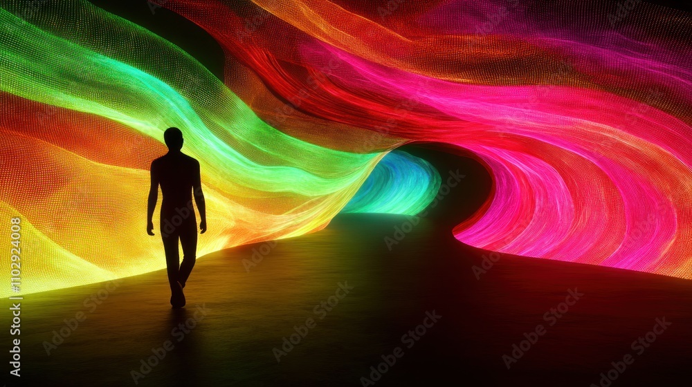 A silhouette walks through a vibrant, colorful tunnel of light, suggesting exploration and creativity. A silhouette walks through a vibrant, colorful tunnel of light, suggesting exploration and creativity.