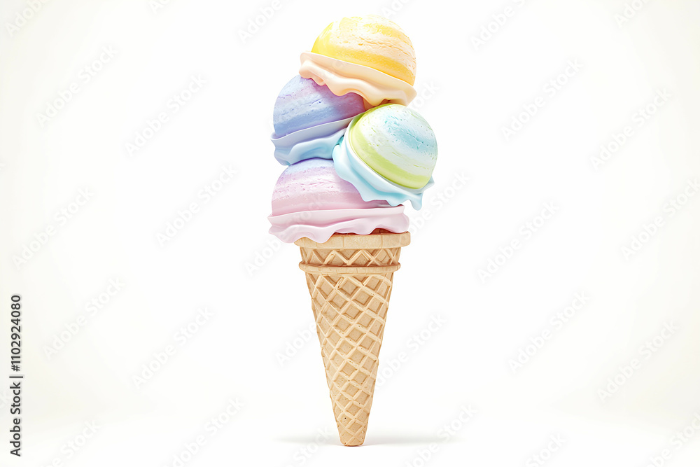 Colorful Ice Cream Cone with Four Scoops in Pastel Colors Against a Soft White Background to Evoke Summer and Sweetness, Perfect for Food and Dessert Themes Colorful Ice Cream Cone with Four Scoops in Pastel Colors Against a Soft White Background to Evoke Summer and Sweetness, Perfect for Food and Dessert Themes