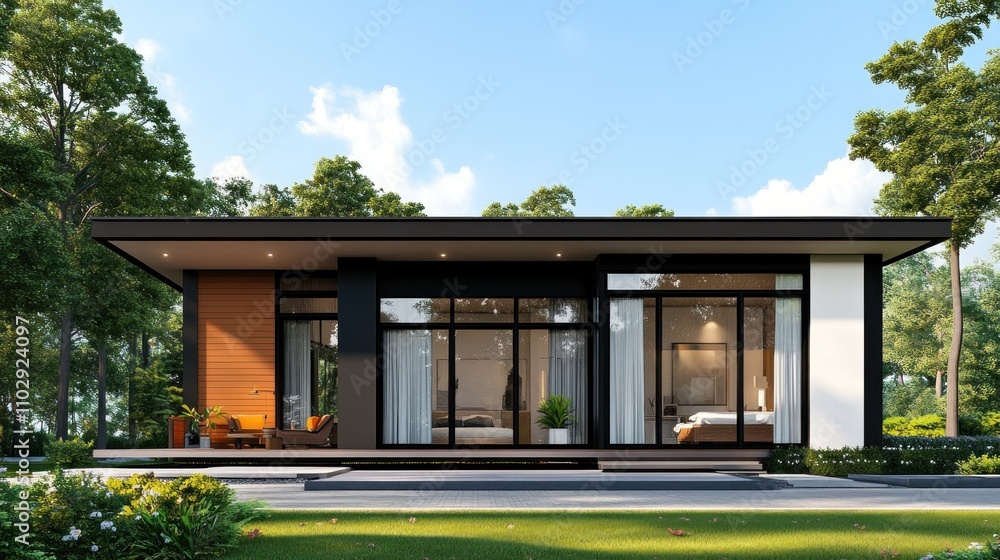 Modern single-story house surrounded by greenery and natural light. Modern single-story house surrounded by greenery and natural light.
