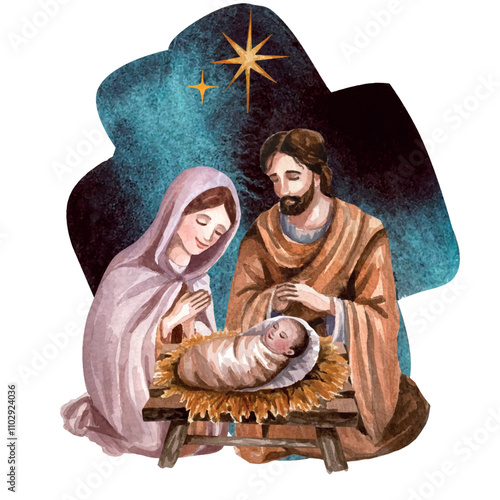 Obraz na plátně Vector freehand Christmas scene is an artistic watercolor depiction of the Nativity of Christ, including Mary, Joseph, baby Jesus isolated on a white background