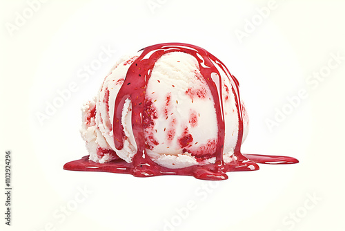 Delicious Scoop of Creamy Vanilla Ice Cream with Drizzling Raspberry Sauce on a Light Background, Perfect for Dessert Lovers and Food Photography Enthusiasts