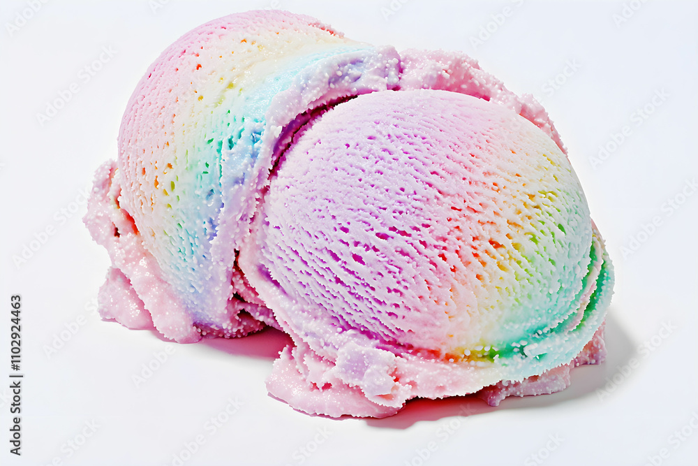 Vibrant Rainbow Ice Cream Scoops on a White Background, Showcasing Colorful Swirls and Delicate Texture, Perfect for Summer Treats and Dessert Inspiration Vibrant Rainbow Ice Cream Scoops on a White Background, Showcasing Colorful Swirls and Delicate Texture, Perfect for Summer Treats and Dessert Inspiration