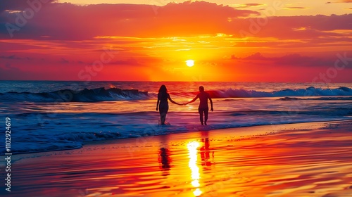 Wallpaper Mural Silhouettes of Couple Walking on Beach at Sunset Torontodigital.ca