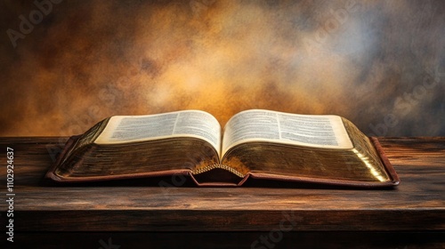 sacred first book of the Vintage open on rustic table with dark textured wall