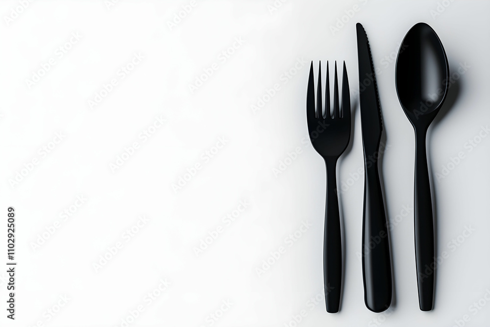 Elegant Black Cutlery Set Including Fork, Knife, and Spoon on Minimalist Background for Stylish Dining and Culinary Presentation Elegant Black Cutlery Set Including Fork, Knife, and Spoon on Minimalist Background for Stylish Dining and Culinary Presentation