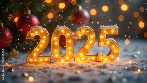 2025 New Year's Eve celebration with Christmas lights and snow. Concept of new beginnings, hope, and celebration.