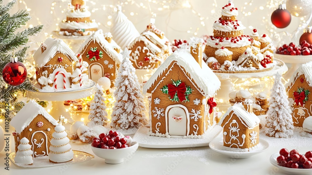 Holiday dessert table with gingerbread houses and sparkling lights, Christmas Festival, a delectable and festive food styling Holiday dessert table with gingerbread houses and sparkling lights, Christmas Festival, a delectable and festive food styling