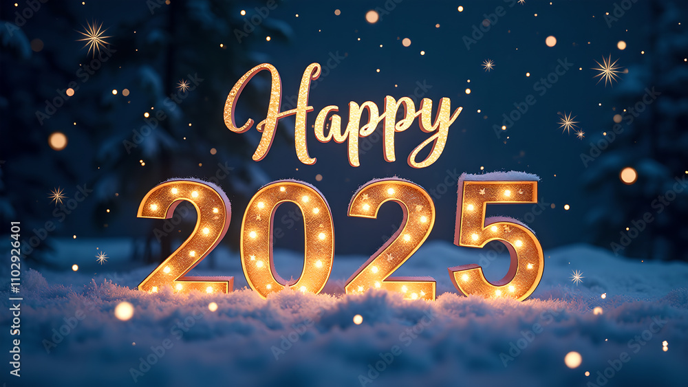 Happy New Year 2025 with illuminated numbers in snow. Concept of celebration, winter holidays, and new beginnings. Happy New Year 2025 with illuminated numbers in snow. Concept of celebration, winter holidays, and new beginnings.