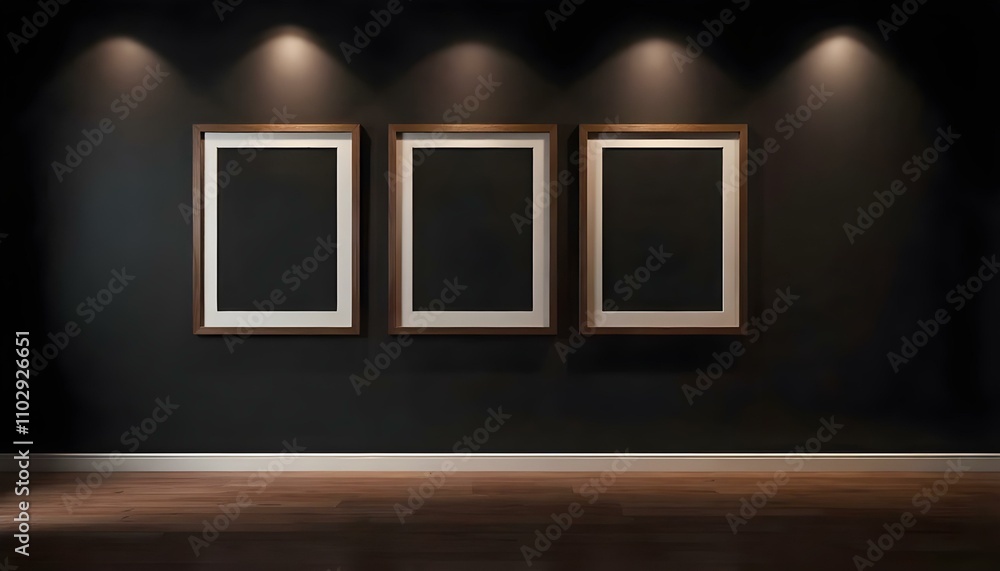 Three empty wooden frames on a dark wall with spotlights illuminating them Three empty wooden frames on a dark wall with spotlights illuminating them