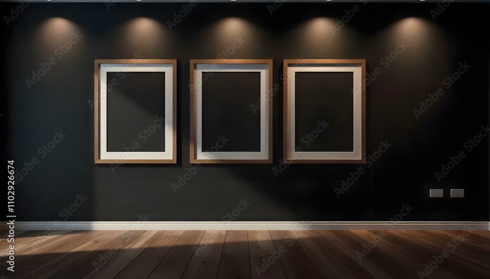 Three empty wooden frames on a dark wall with spotlights illuminating them Three empty wooden frames on a dark wall with spotlights illuminating them
