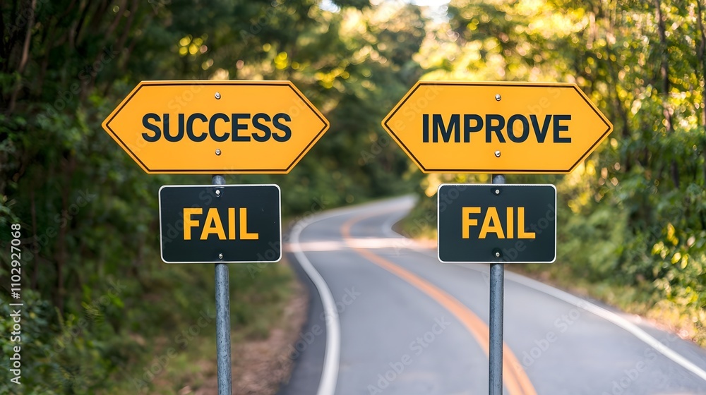 Road Signs Indicating Choices of Success and Improvement on a Winding Path, Symbolizing Personal Growth and Decision-Making in Life Road Signs Indicating Choices of Success and Improvement on a Winding Path, Symbolizing Personal Growth and Decision-Making in Life