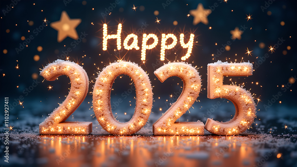 Happy New Year 2025 with sparkling lights. Festive celebration concept. Happy New Year 2025 with sparkling lights. Festive celebration concept.