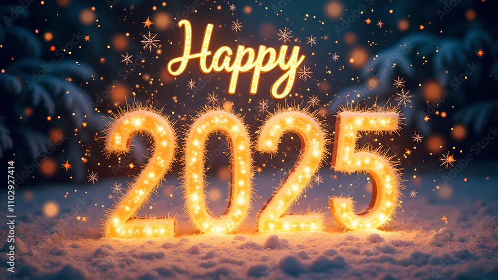 Happy New Year 2025 with sparkling lights. Festive winter holiday concept. Happy New Year 2025 with sparkling lights. Festive winter holiday concept.