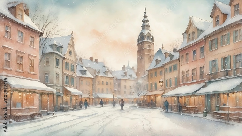 Obraz premium A snowy city street with a clock tower in the background. The scene is peaceful and serene, with people walking around and enjoying the winter weather