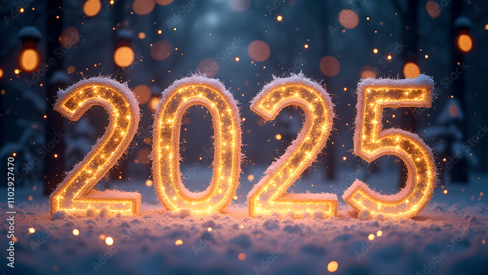 2025 New Year's Eve Winter Snow Scene. Concept of celebration, hope, and new beginnings. 2025 New Year's Eve Winter Snow Scene. Concept of celebration, hope, and new beginnings.
