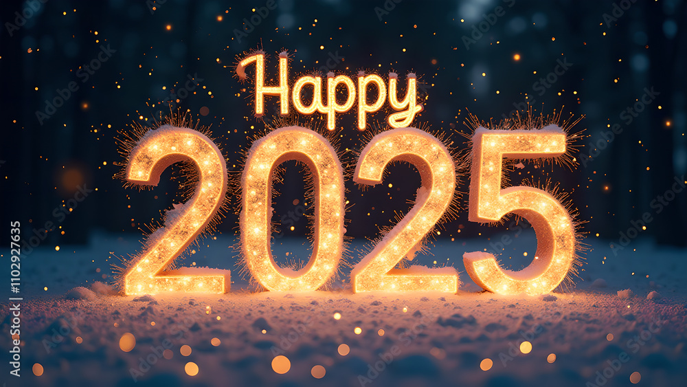 Happy New Year 2025 with sparkling lights in snow. Concept of celebration, holiday, and winter. Happy New Year 2025 with sparkling lights in snow. Concept of celebration, holiday, and winter.