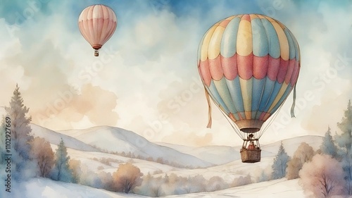 Two hot air balloons are flying over a snowy landscape. The scene is peaceful and serene, with the hot air balloons providing a sense of adventure and freedom
