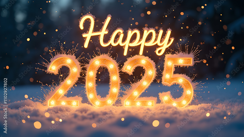 Happy New Year 2025 with snow and lights. Festive winter celebration concept. Happy New Year 2025 with snow and lights. Festive winter celebration concept.