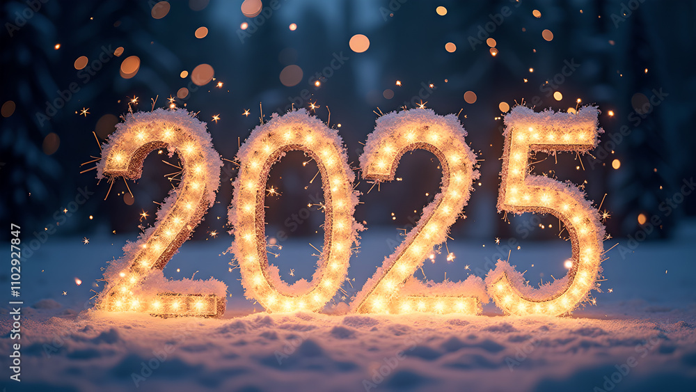 2025 New Year's Eve celebration in the snow. Concept of winter holidays, new beginnings, and hope. 2025 New Year's Eve celebration in the snow. Concept of winter holidays, new beginnings, and hope.