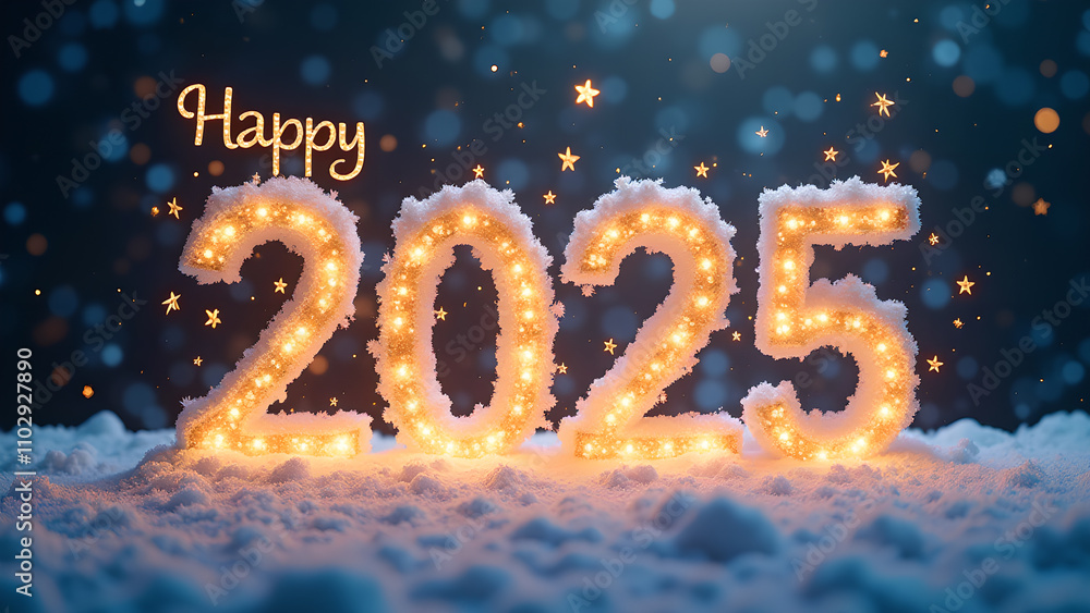 2025 Happy New Year Snowy Night. Concept of celebration, winter, and holidays. 2025 Happy New Year Snowy Night. Concept of celebration, winter, and holidays.