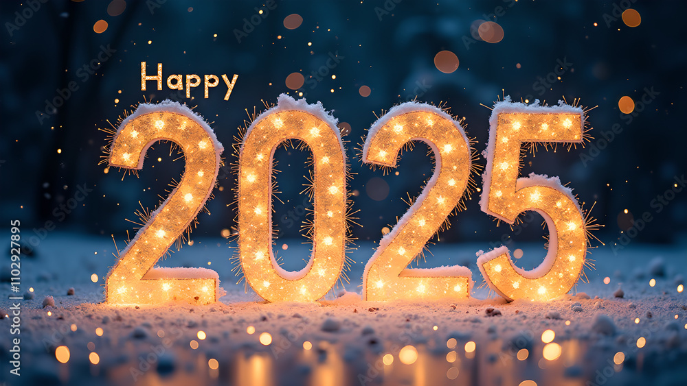 Happy 2025 New Year with snow and lights. Festive winter celebration concept. Happy 2025 New Year with snow and lights. Festive winter celebration concept.