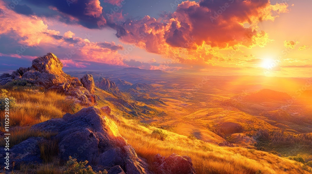 Obraz premium A vibrant sunset over rolling hills and rocky terrain, showcasing nature's beauty.