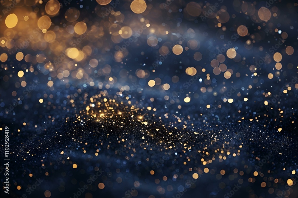Obraz premium Deep midnight blue canvas scattered with sparkling gold particles and subtle bokeh lights, enhanced by a rich, glossy gold texture for a glamorous, celebratory feel