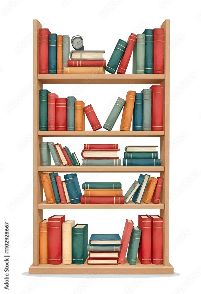 Bookshelf clipart filled with books of various sizes. watercolor illustration, Perfect for nursery art, simple clipart, single object, white color background Bookshelf clipart filled with books of various sizes. watercolor illustration, Perfect for nursery art, simple clipart, single object, white color background