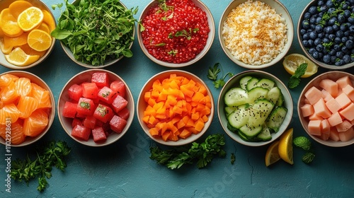 A colorful assortment of fresh ingredients for a healthy meal preparation.