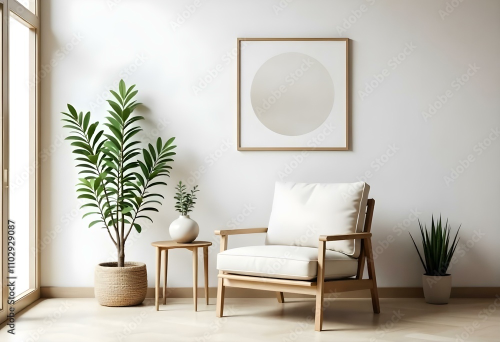 A minimalist living room with a wooden armchair, a potted plant, and a framed circular artwork on the wall A minimalist living room with a wooden armchair, a potted plant, and a framed circular artwork on the wall