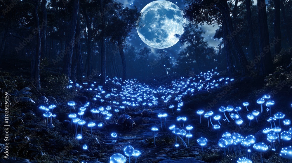 A mystical forest scene illuminated by glowing blue flowers under a full moon. A mystical forest scene illuminated by glowing blue flowers under a full moon.