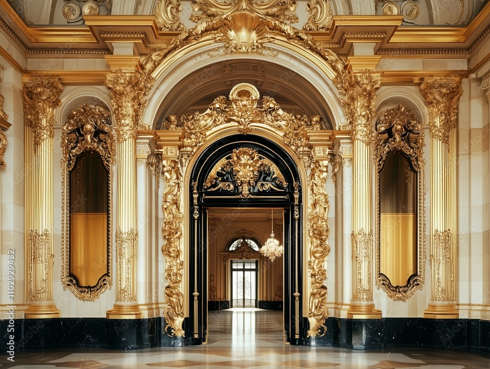 Luxurious gold and black Baroque-style portal inside a grand palace, featuring ornate details and intricate craftsmanship Luxurious gold and black Baroque-style portal inside a grand palace, featuring ornate details and intricate craftsmanship