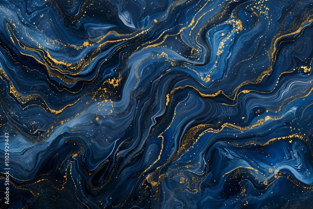 Fluid acrylic art featuring deep navy swirls and shimmering gold accents, creating a marbled oceanic scene with dynamic, abstract wave patterns. Fluid acrylic art featuring deep navy swirls and shimmering gold accents, creating a marbled oceanic scene with dynamic, abstract wave patterns.